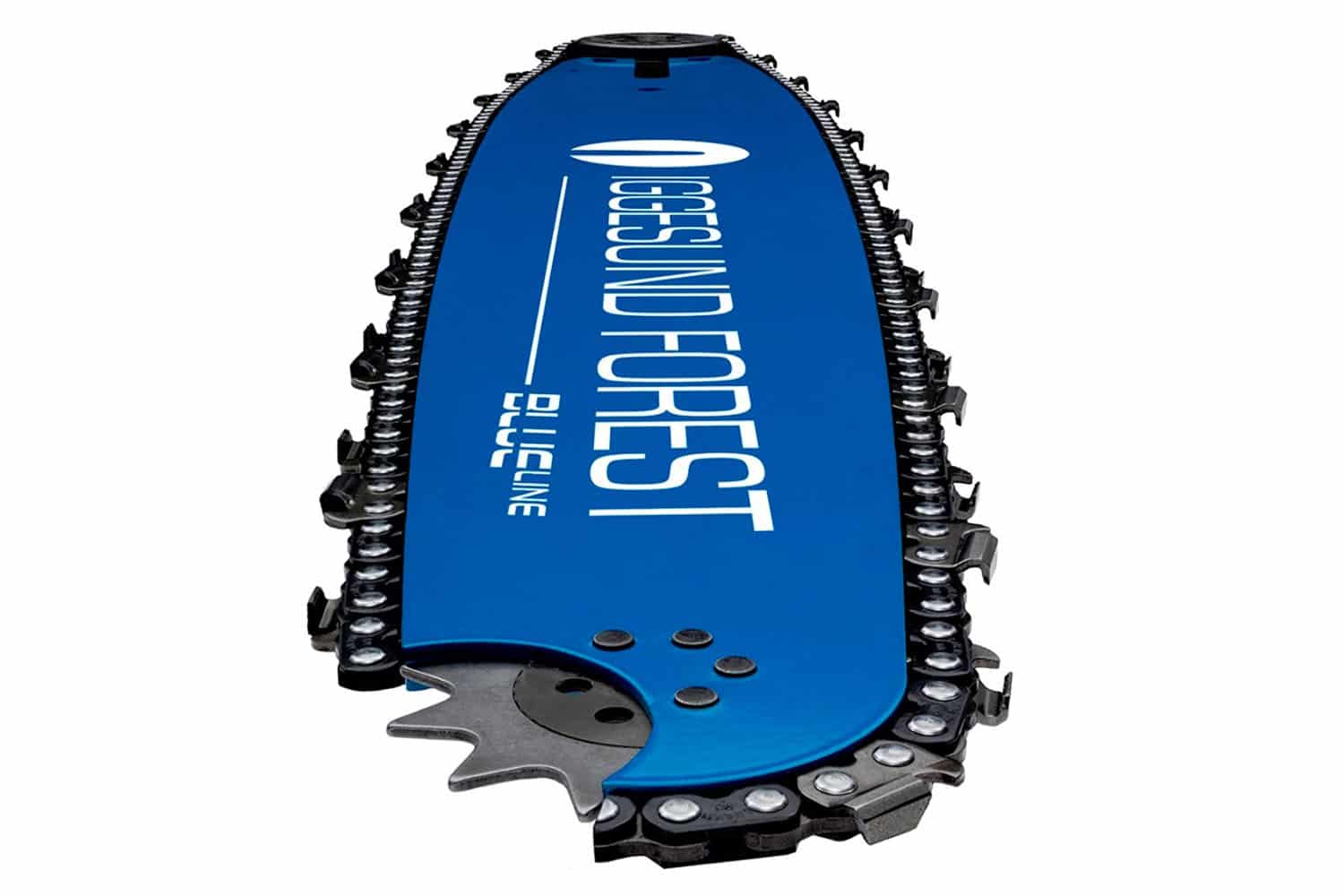 Detailný záber na vrchol modrej harvestorovej lišty IGGESUND FOREST BLUELINE s nasadenou reťazou.