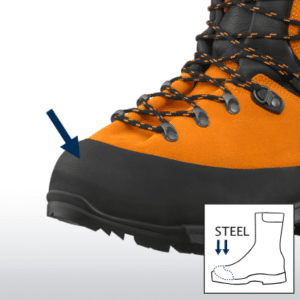 Anatomicky tvarovaná oceľová špička topánok HAIX pre ochranu prstov pred nárazom a pádom kmeňov.