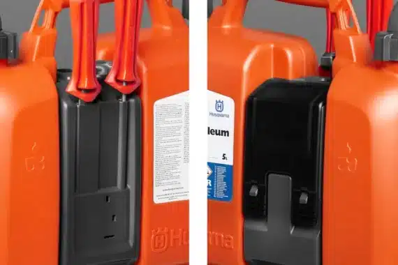 Detail na integrovanú priehradku na náradie na kombi kanistri Husqvarna.