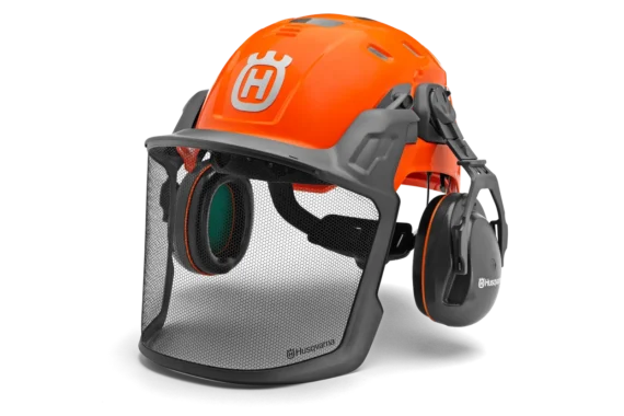 Píličská prilba Husqvarna so slúchadlami a štítom