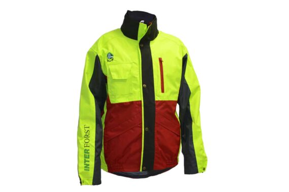 Nepremokavá pracovná bunda Interforst vo výstražnej žlto-červenej farbe na bielom pozadí.