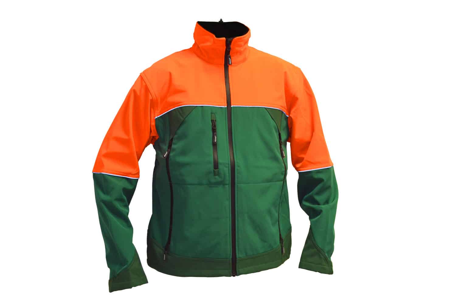 Pracovná bunda zeleno-oranžová s fleecovou podšívkou a reflexnými prvkami.