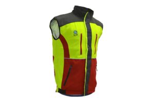 Pracovná vesta Super-Komfort vo výstražnej žlto-červenej farbe so zosilnenými ramenami a vysokým golierom.