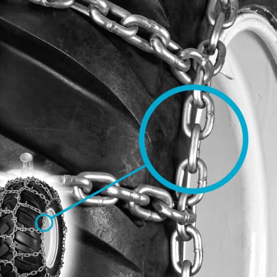 Detail bočnej napínacej reťaze a jej spojenia s hlavnou sieťou reťaze Skogsgrip 130.