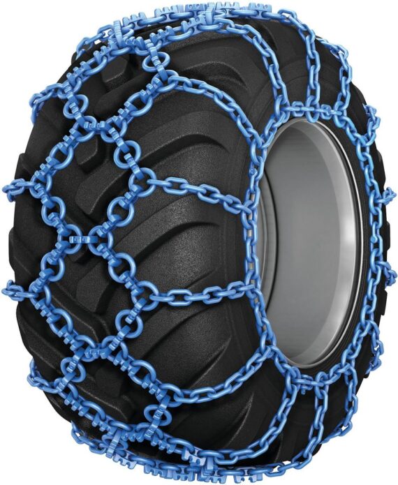 Modré záberové reťaze PEWAG forstgrip soft bez hrotov, šetrné k podkladu a pneumatikám.