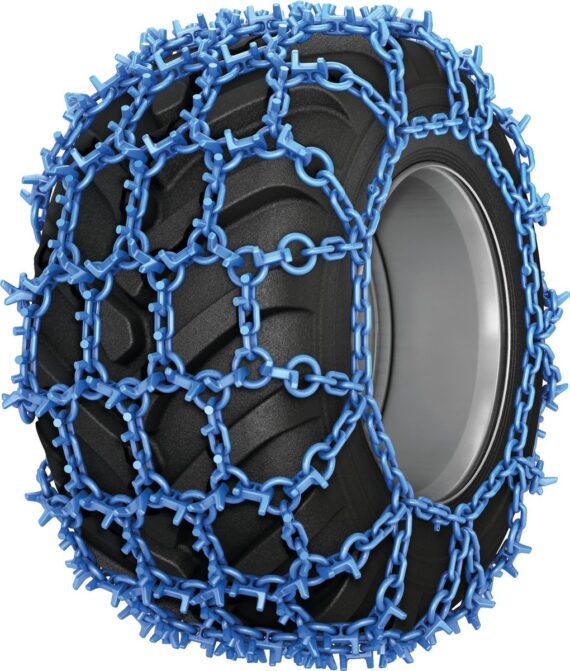 Modré záberové reťaze PEWAG forstgrip pro s hustou ochrannou sieťou a hrotmi.