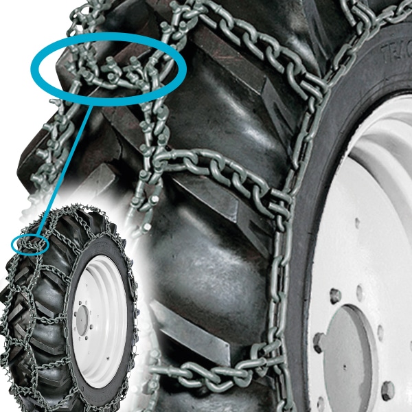 Snehové reťaze na traktor Piggelin Flex – detail dvoch agresívnych hrotov na článku