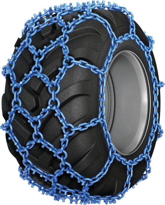 Modré záberové reťaze PEWAG forstgrip so šikmými hrotmi a samočistiacou sieťou.