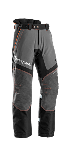 Protiporezové nohavice: Protiporezové nohavice Husqvarna Technical C v šedo-čiernej farbe s oranžovými detailmi a logom Husqvarna.