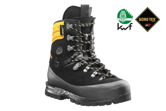 Profesionálna pilčícka obuv Haix Protector Alpin v čierno-žltej farbe.