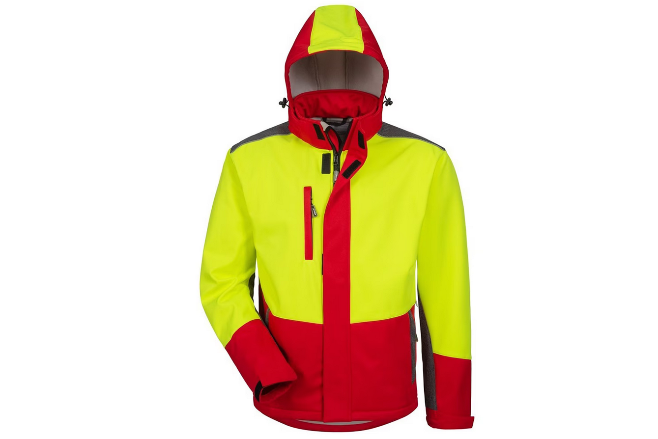 Pracovná bunda Elysee SCHLEHE vo výstražnej žlto-červenej farbe s odnímateľnou kapucňou.