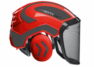 Pilčícka prilba PROTOS Integral FOREST v červeno-šedej farbe s integrovanými chráničmi sluchu.