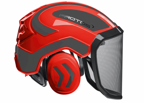 Pilčícka prilba PROTOS Integral FOREST v červeno-šedej farbe s integrovanými chráničmi sluchu.