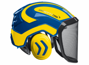 Pilčícka prilba PROTOS Integral FOREST v modro-žltej farbe.