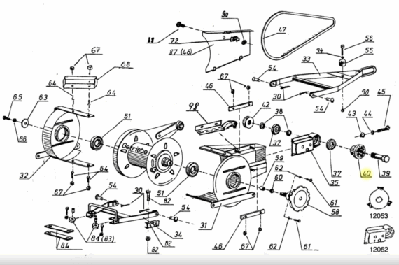 Technický nákres navijaka VIP 1000 s vyznačenou spojkou č. 40