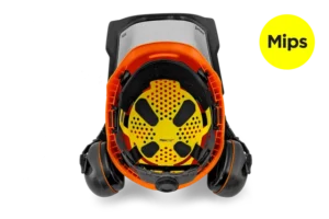 Vnútorný pohľad na žltú Mips vrstvu v pilčíckej prilbe Husqvarna Technical.