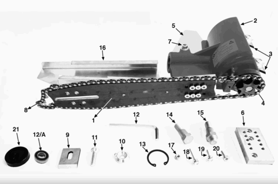 Schéma náhradných dielov pre odkôrňovač na motorovú pílu.
