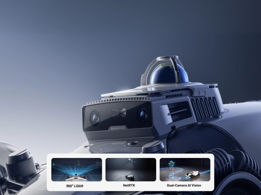 Navigačný systém Tri-Fusion kosačky Mammotion zahŕňajúci 360° LiDAR, NetRTK a AI Vision.