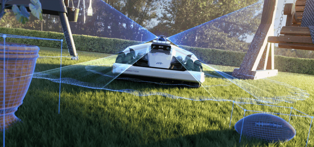 Robotická kosačka Mammotion LUBA 3 AWD využívajúca 360° LiDAR navigáciu na detekciu prekážok v záhrade.