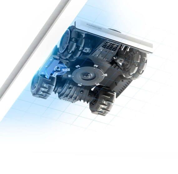 Spodná strana podvozku LUBA mini 2 AWD 1000 s jedným žacím diskom a ochranným krytom