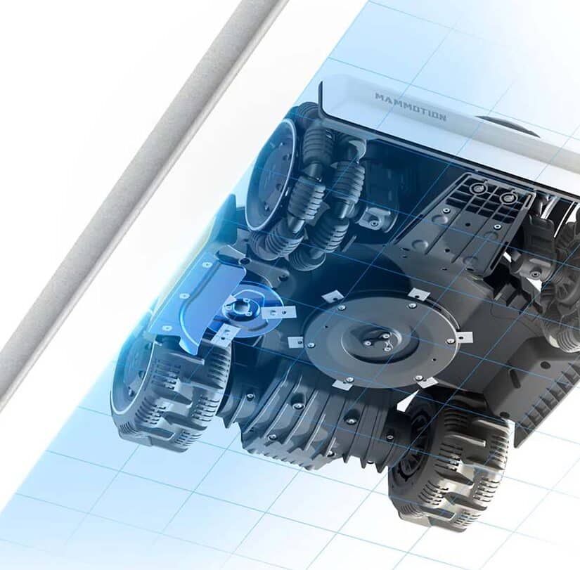 Podvozok kosačky Mammotion LUBA mini 2 AWD s pohonom 4x4 a špeciálnym diskom na kosenie okrajov.