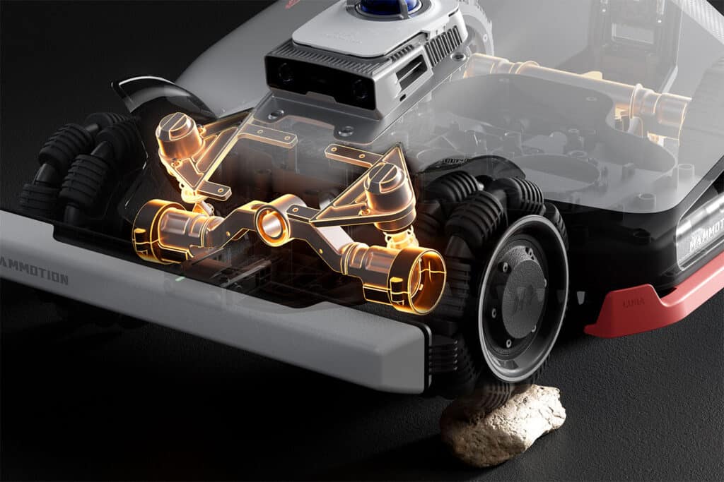 Vnútorná konštrukcia riadenia nápravy robotickej kosačky LUBA 3 AWD 1500