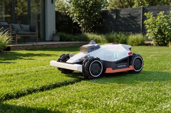 Robotická kosačka LUBA 3 AWD 1500 v modernej záhrade pri kosení bez káblov.