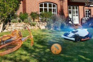 Mammotion LUBA 3 AWD 3000 pri vyhýbaní sa prekážkam na trávniku