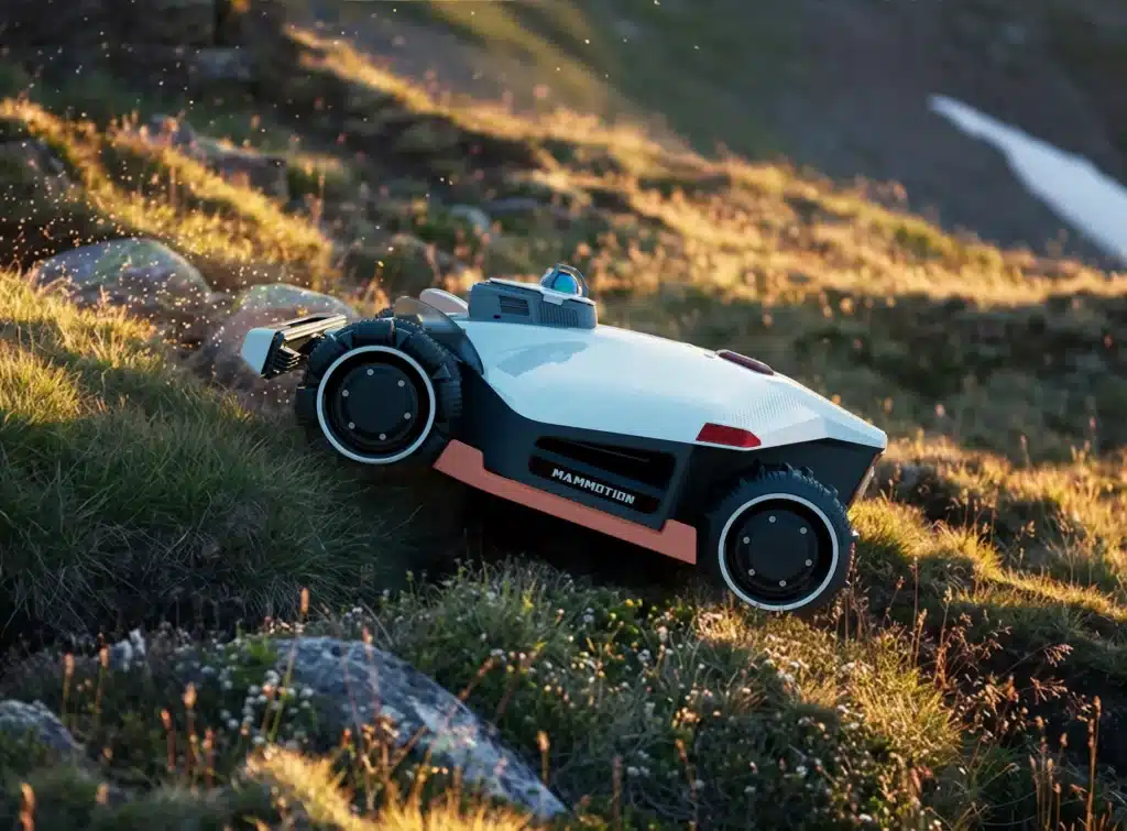 Robotická kosačka Mammotion LUBA 3 AWD s pohonom 4x4 v strmom svahu.