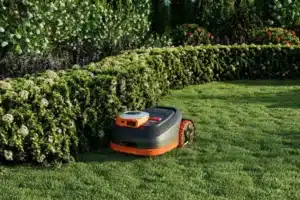 Kosačka Segway Navimow kosí tesne popri živom plote.