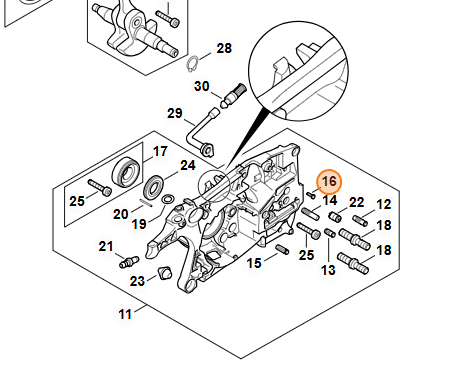Detailný výrez technickej dokumentácie STIHL MS 462 zvýrazňujúci pozíciu 16 rýhovaný klinec.