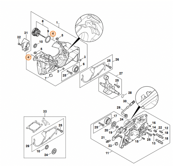 Detailný výrez technickej dokumentácie STIHL MS 462 zvýrazňujúci pozíciu 4 valcový kolík 1,8x19.