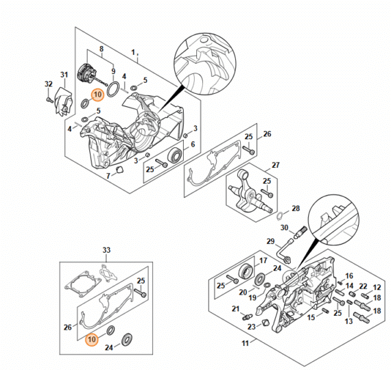 Technický rozkres kľukovej skrine STIHL MS 462 s vyznačením gufera