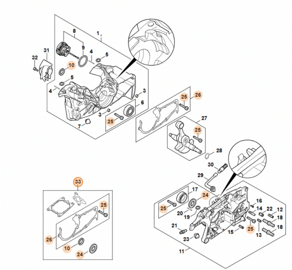 Technický rozkres kľukovej skrine STIHL MS 462 s vyznačením kompletnej sady tesnení pozícia 33.