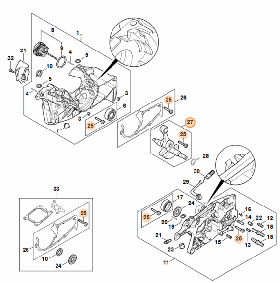 Technický rozkres kľukovej skrine STIHL MS 462 s vyznačením hriadeľa