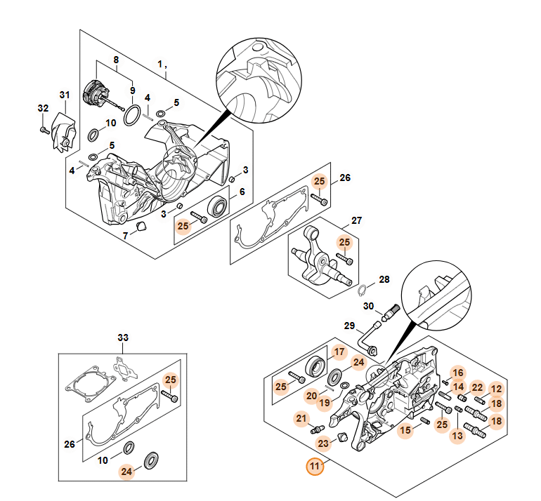 Technický rozkres kľukovej skrine STIHL MS 462 s vyznačením pravej polovice