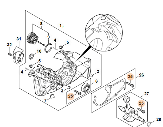 Rozkres STIHL MS 462 pozícia 25 montážne skrutky kľukovej skrine.