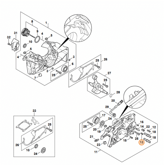 Technický rozkres kľukovej skrine STIHL MS 462 s vyznačením čapu pozícia 13.