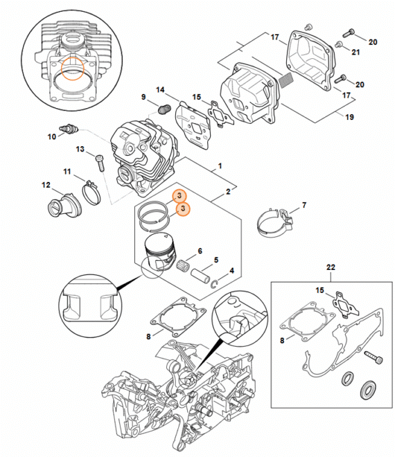Rozkres valca a piestu STIHL MS 462 s vyznačením piestnych krúžkov pozícia 3 v zostave motora.
