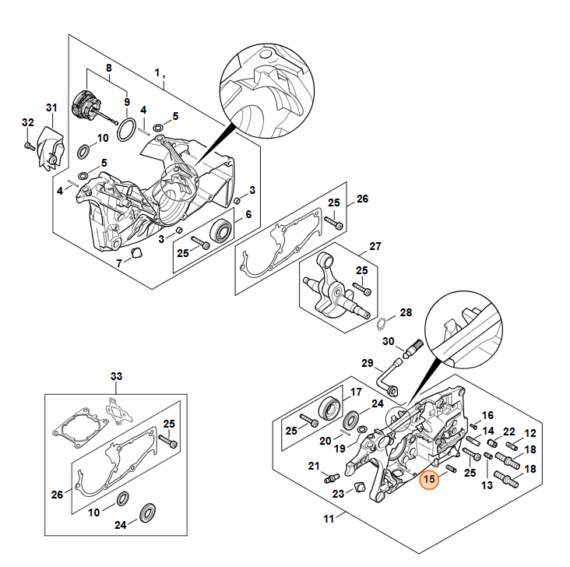 Technický rozkres kľukovej skrine STIHL MS 462 s vyznačením čapu pozícia 15.