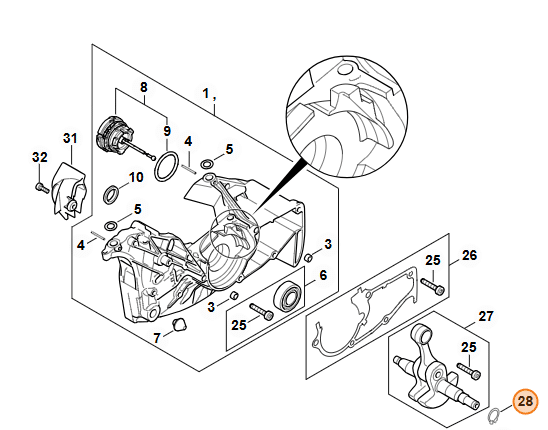 Detailný výrez technickej dokumentácie STIHL MS 462 zvýrazňujúci pozíciu 28 poistný krúžok 15x1.