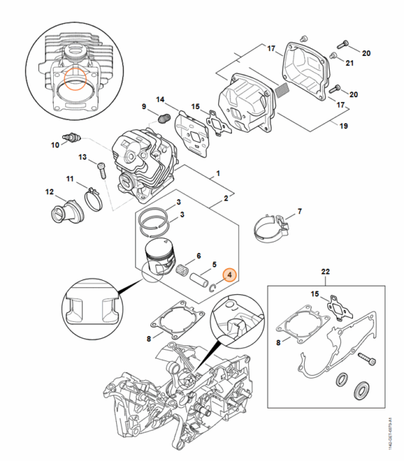 Technický rozkres valca STIHL MS 462 s vyznačením poistného krúžku pozícia 4.