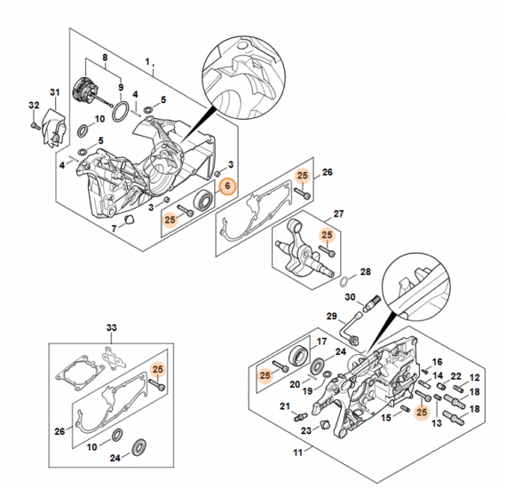 Technický rozkres kľukovej skrine STIHL MS 462 s vyznačením ložiska pozícia 6 a skrutiek.