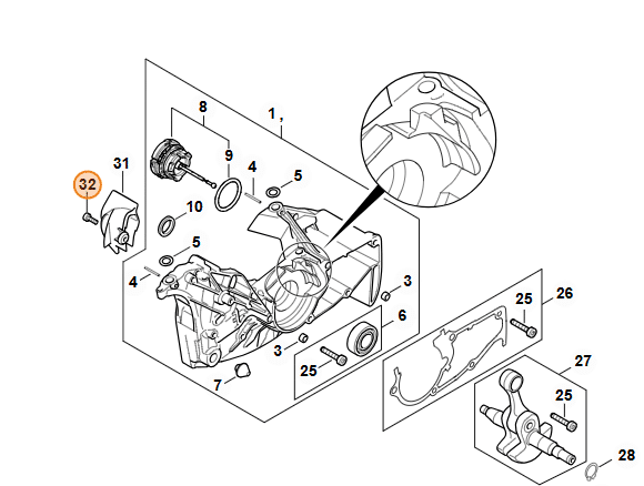 Detail technickej dokumentácie STIHL MS 462 zvýrazňujúci pozíciu 32 skrutka IS-M4x12.