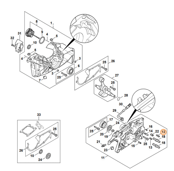 Technický rozkres kľukovej skrine STIHL MS 462 s vyznačením čapu