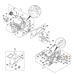 Technický rozkres kľukovej skrine STIHL MS 462 s vyznačením ventilu