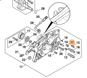 Detail nákresu olejovej sústavy STIHL MS 462 zvýrazňujúci odvzdušňovací ventil pozícia 22.