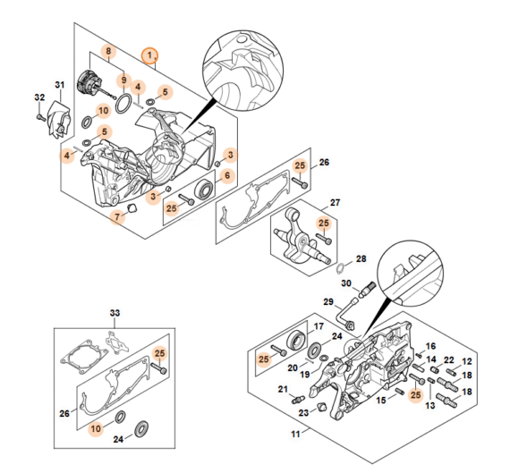 Polovica kľukovej skrine Stihl strana ventilátora pre profesionálne motorové píly