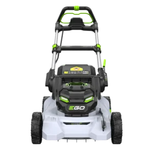 Predný pohľad na agresívny dizajn kosačky EGO 47cm s pojazdom.