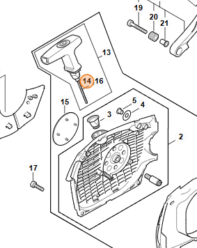 Detail uchytenia štartovacej šnúry STIHL v rukoväti